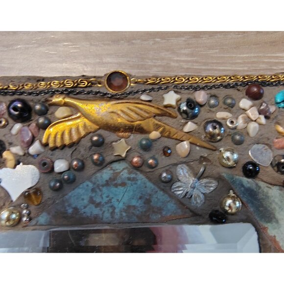 Mixed Media Steampink Mirror Wall Art, Coins, Beads, Pottery Copper Nailed Trim - Picture 3 of 10